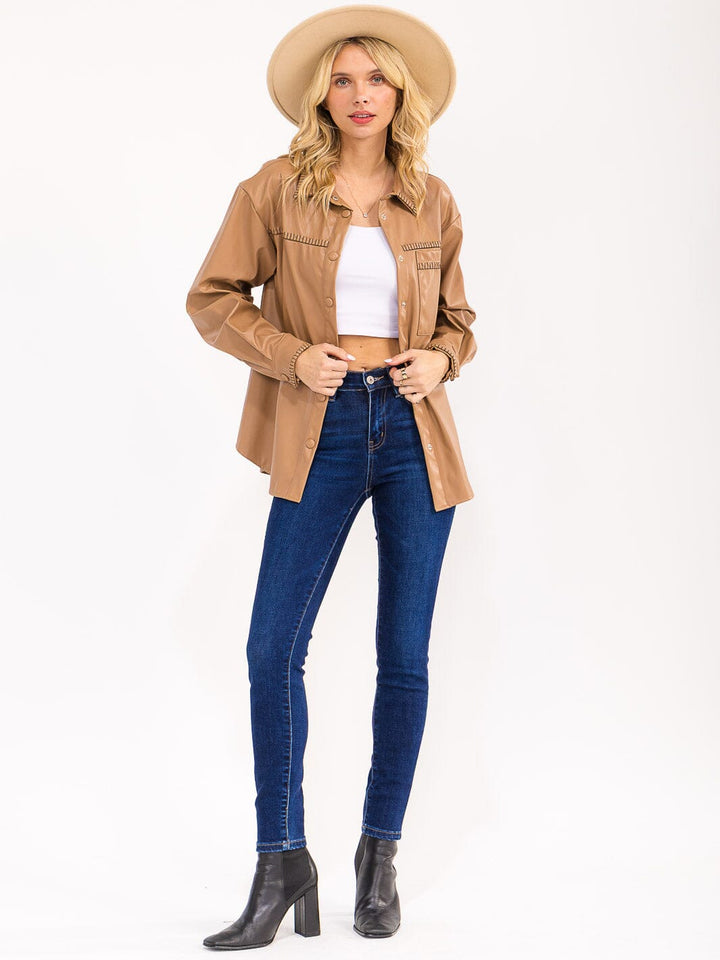 WOMENS'S LONG SLEEVE BUTTON CLOSURE POCKETS PU PLEATHER SHACKET