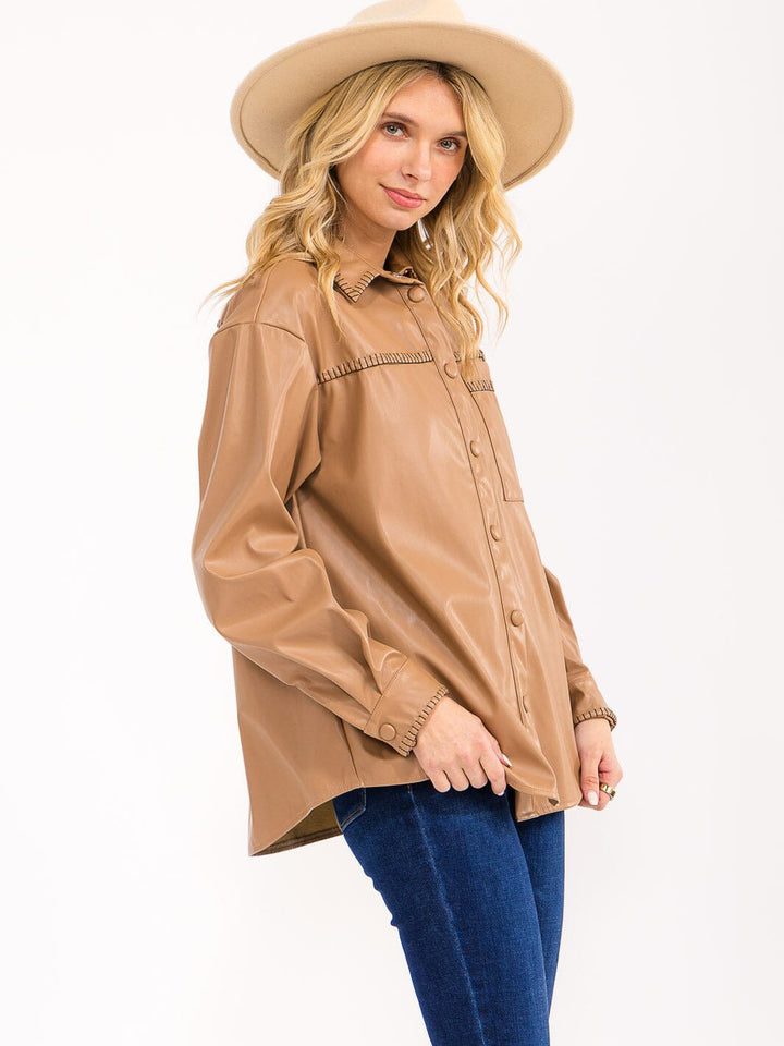 WOMENS'S LONG SLEEVE BUTTON CLOSURE POCKETS PU PLEATHER SHACKET