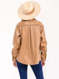 WOMENS'S LONG SLEEVE BUTTON CLOSURE POCKETS PU PLEATHER SHACKET