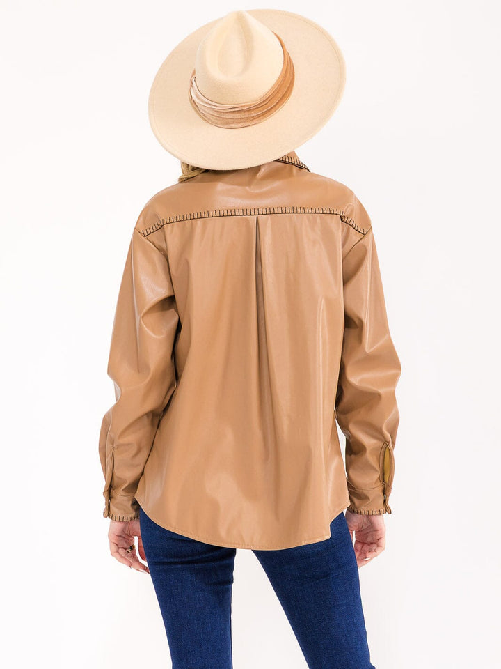 WOMENS'S LONG SLEEVE BUTTON CLOSURE POCKETS PU PLEATHER SHACKET