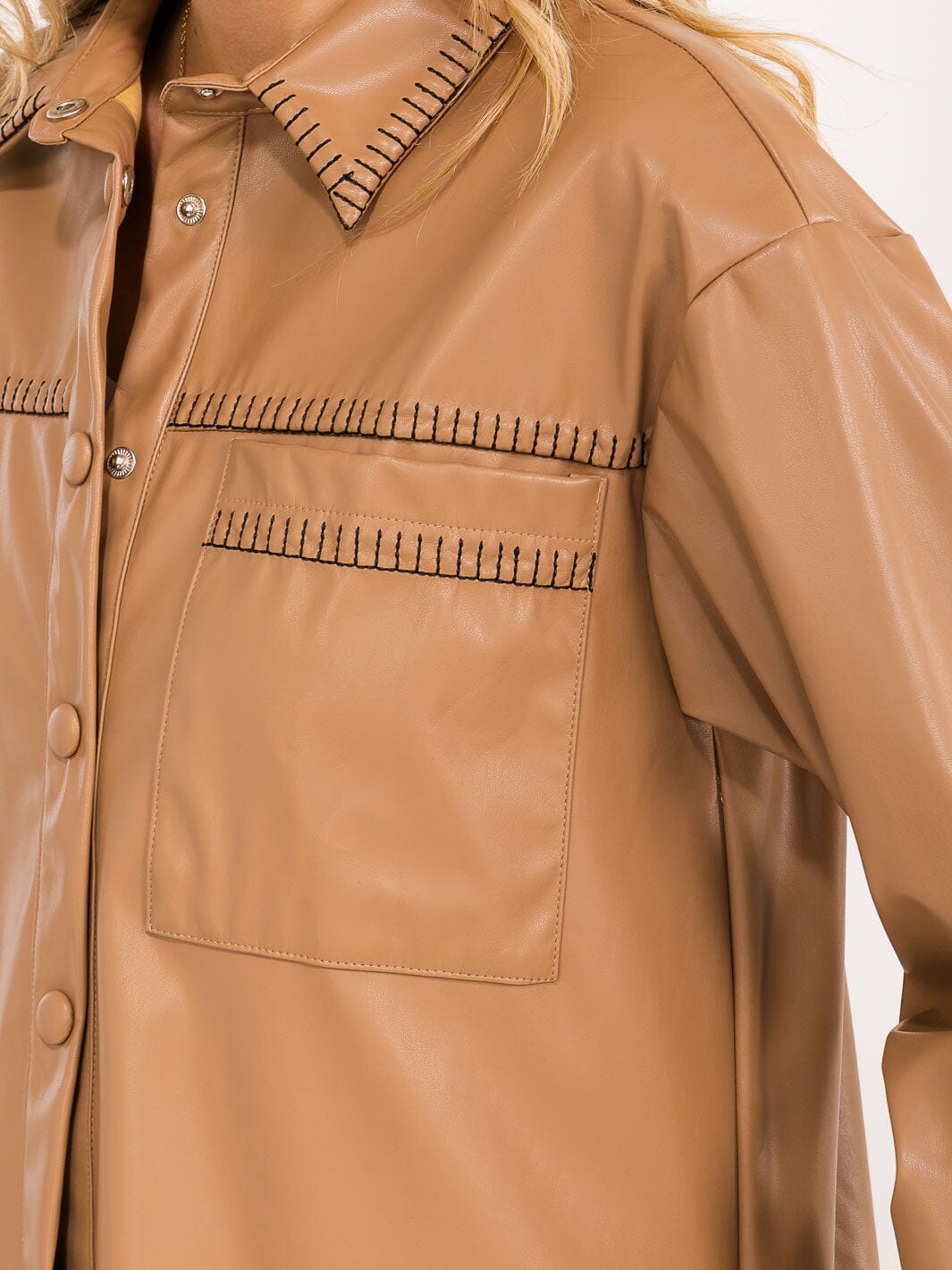 WOMENS'S LONG SLEEVE BUTTON CLOSURE POCKETS PU PLEATHER SHACKET