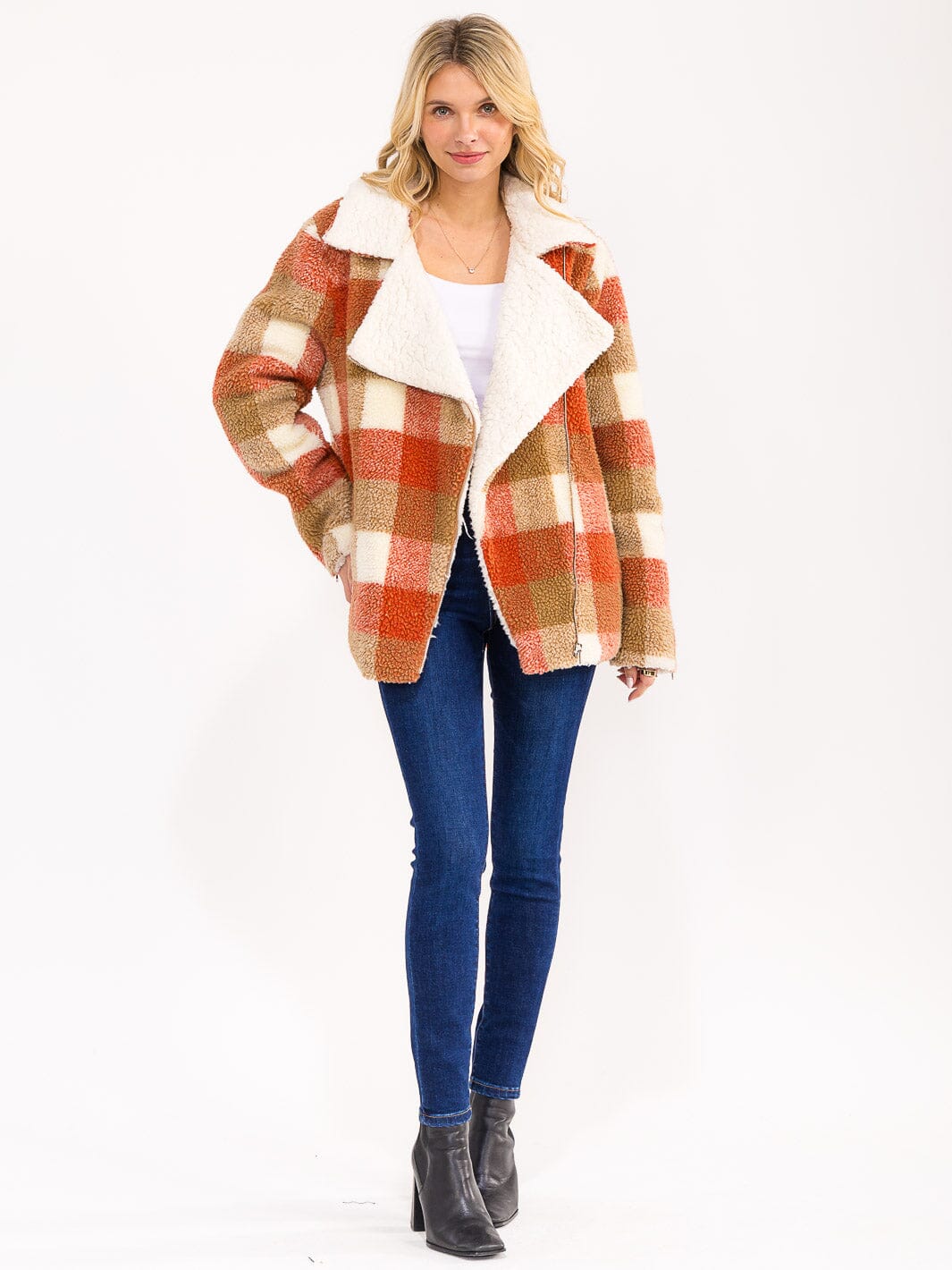 WOMEN'S LONG SLEEVE ZIP UP FRONT POCKETS PLAID SHERPA JACKET