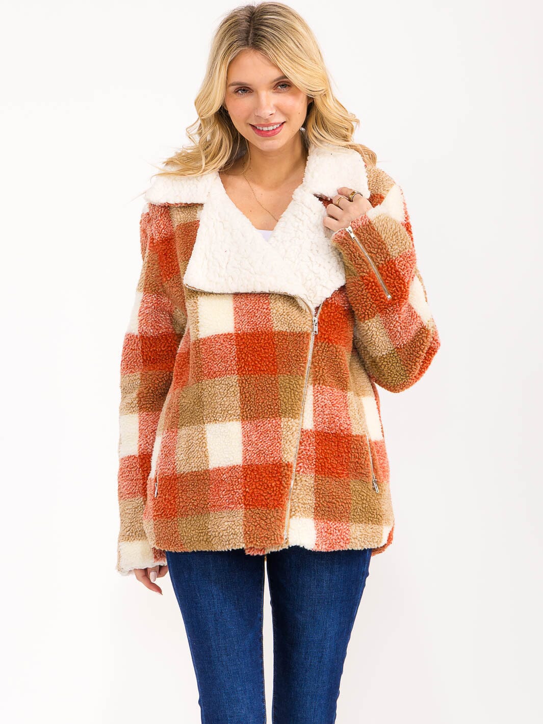 WOMEN'S LONG SLEEVE ZIP UP FRONT POCKETS PLAID SHERPA JACKET