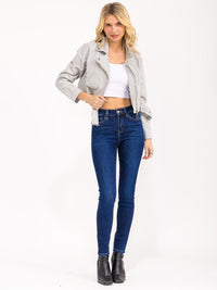 WOMEN'S LONG SLEEVE ZIP UP FRONT POCKETS PU PLEATHER JACKET