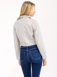 WOMEN'S LONG SLEEVE ZIP UP FRONT POCKETS PU PLEATHER JACKET