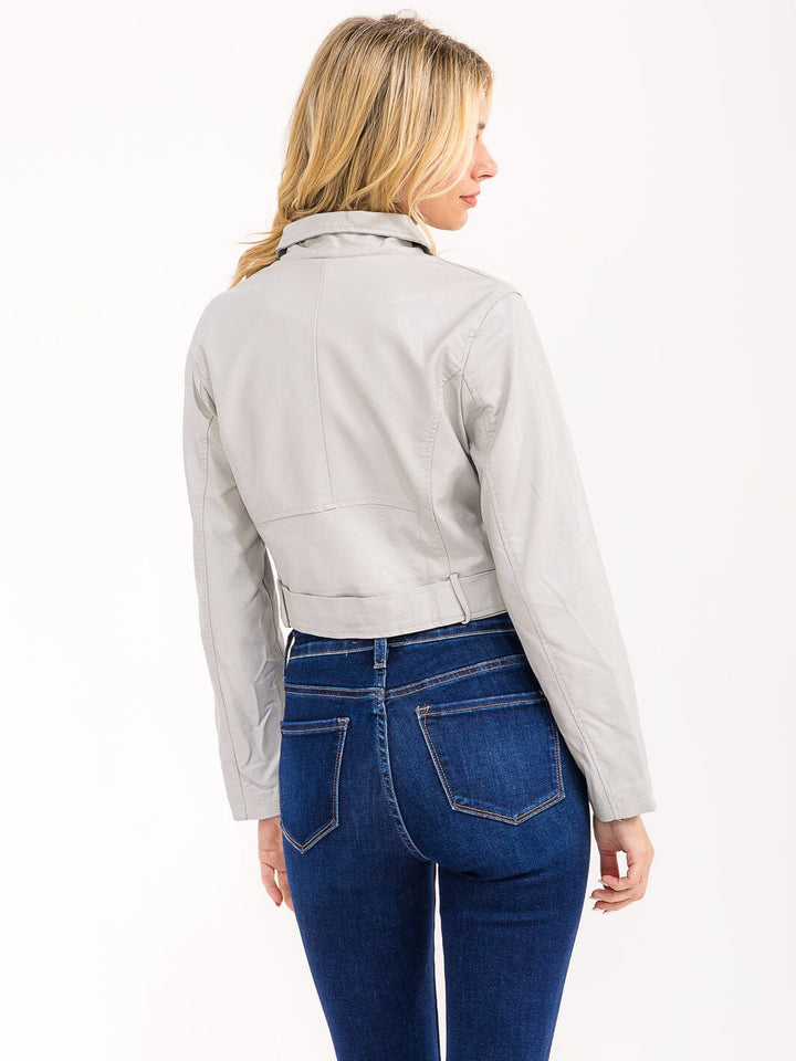 WOMEN'S LONG SLEEVE ZIP UP FRONT POCKETS PU PLEATHER JACKET