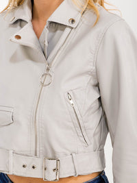 WOMEN'S LONG SLEEVE ZIP UP FRONT POCKETS PU PLEATHER JACKET