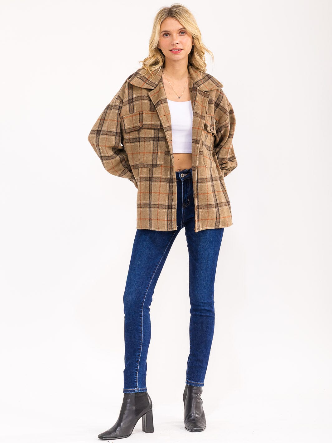 WOMEN'S LONG SLEEVE BUTTON UP FRONT POCKETS PLAID JACKET