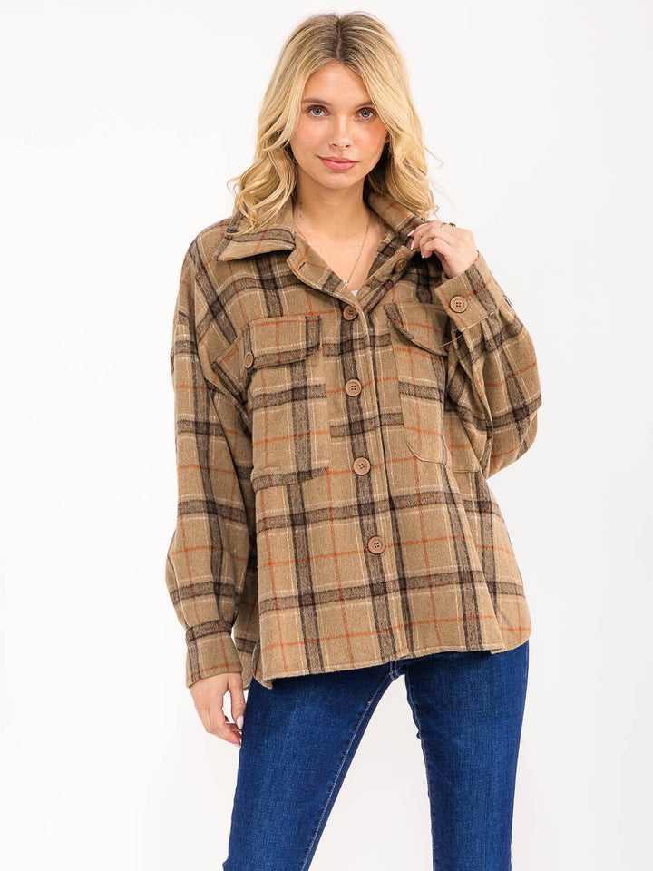 WOMEN'S LONG SLEEVE BUTTON UP FRONT POCKETS PLAID JACKET