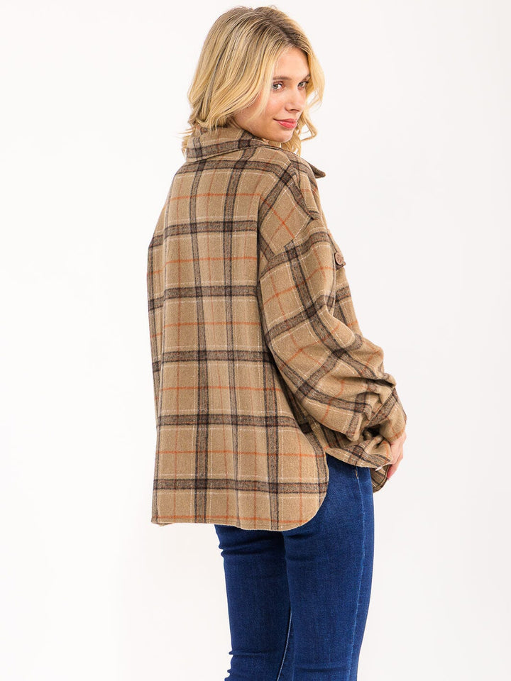 WOMEN'S LONG SLEEVE BUTTON UP FRONT POCKETS PLAID JACKET