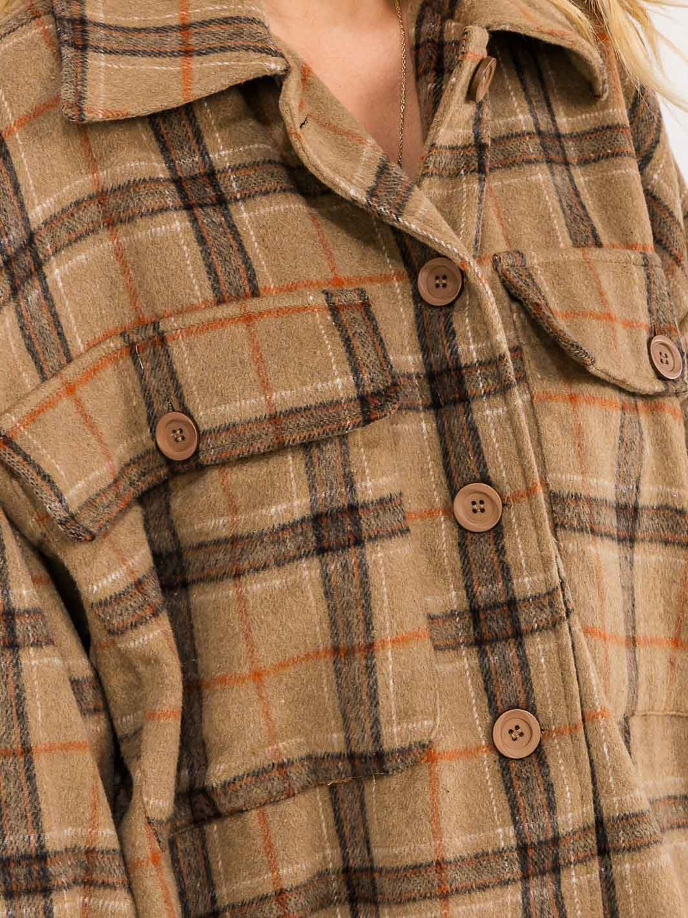 WOMEN'S LONG SLEEVE BUTTON UP FRONT POCKETS PLAID JACKET