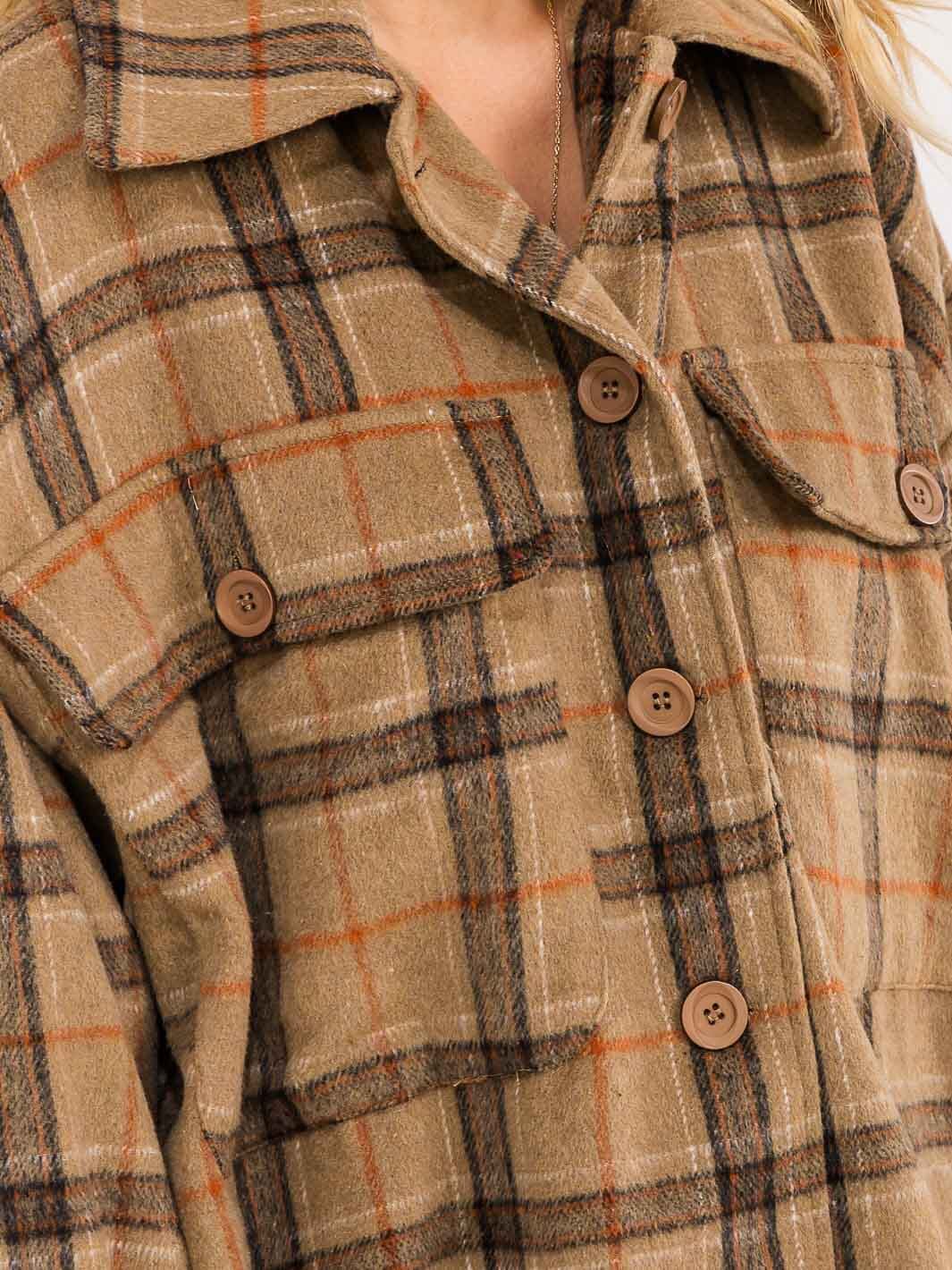 WOMEN'S LONG SLEEVE BUTTON UP FRONT POCKETS PLAID JACKET