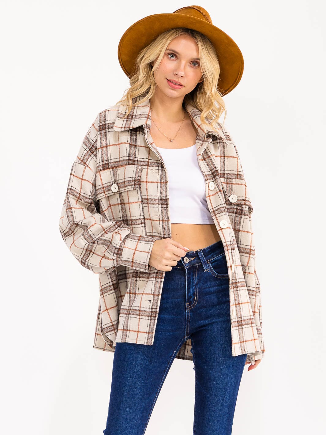 WOMEN'S LONG SLEEVE BUTTON UP FRONT POCKETS PLAID JACKET