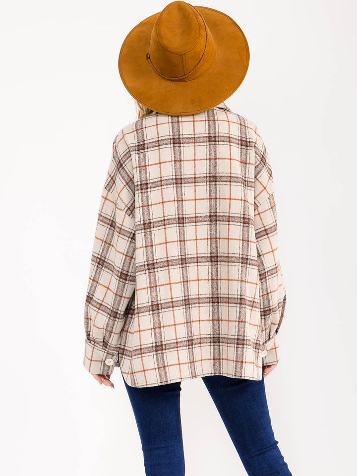 WOMEN'S LONG SLEEVE BUTTON UP FRONT POCKETS PLAID JACKET