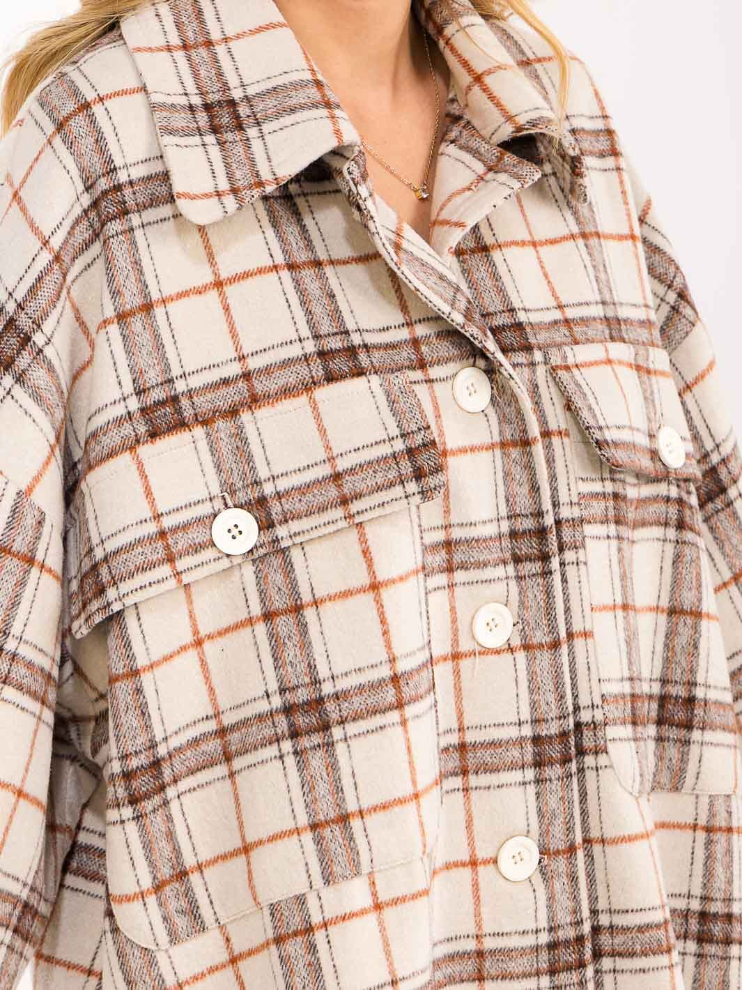 WOMEN'S LONG SLEEVE BUTTON UP FRONT POCKETS PLAID JACKET