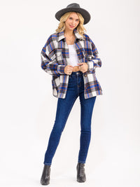 WOMEN'S LONG SLEEVE BUTTON UP FRONT POCKETS PLAID COAT JACKET