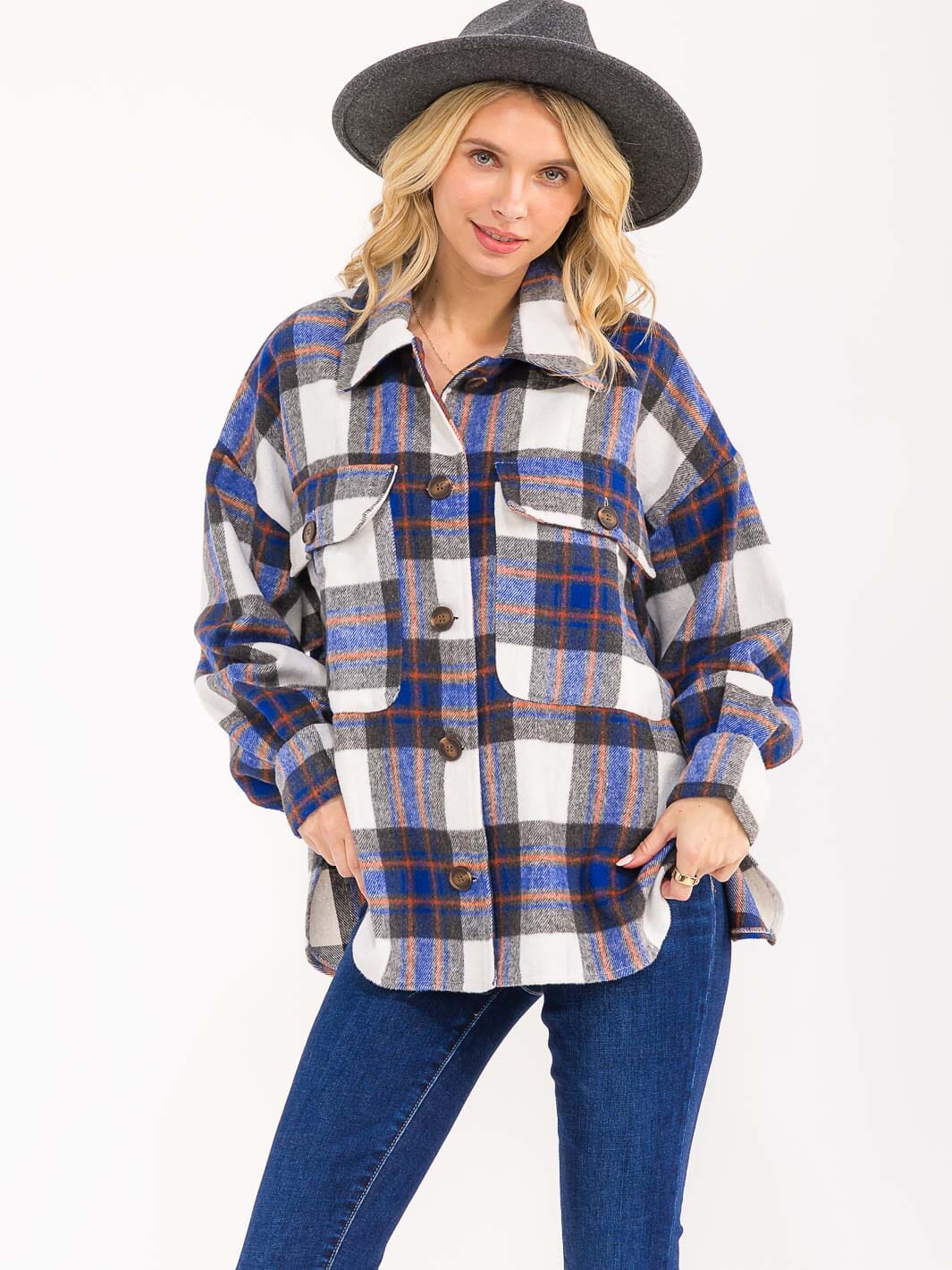 WOMEN'S LONG SLEEVE BUTTON UP FRONT POCKETS PLAID COAT JACKET