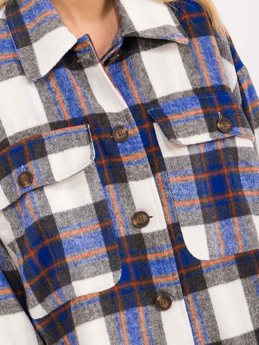 WOMEN'S LONG SLEEVE BUTTON UP FRONT POCKETS PLAID COAT JACKET