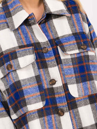 WOMEN'S LONG SLEEVE BUTTON UP FRONT POCKETS PLAID COAT JACKET