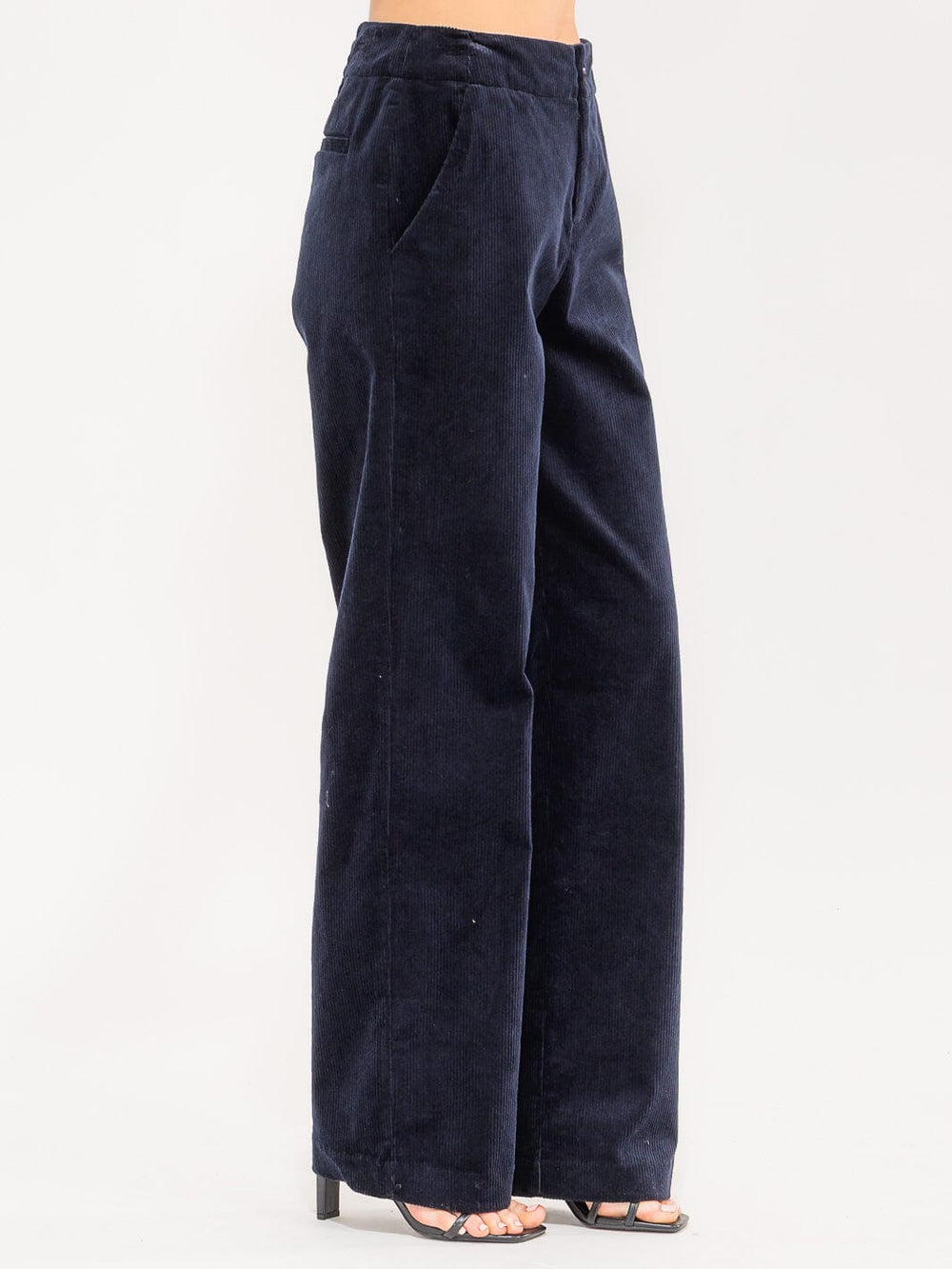 WOMEN'S BUTTON CLOSURE FRONT POCKETS WIDE LEG CORDUROY PANTS