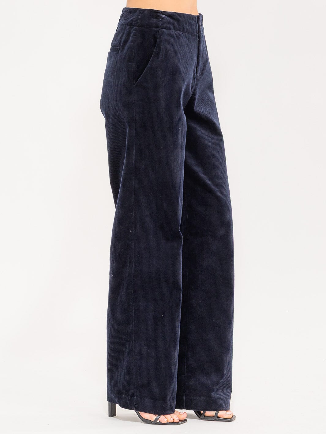 WOMEN'S BUTTON CLOSURE FRONT POCKETS WIDE LEG CORDUROY PANTS