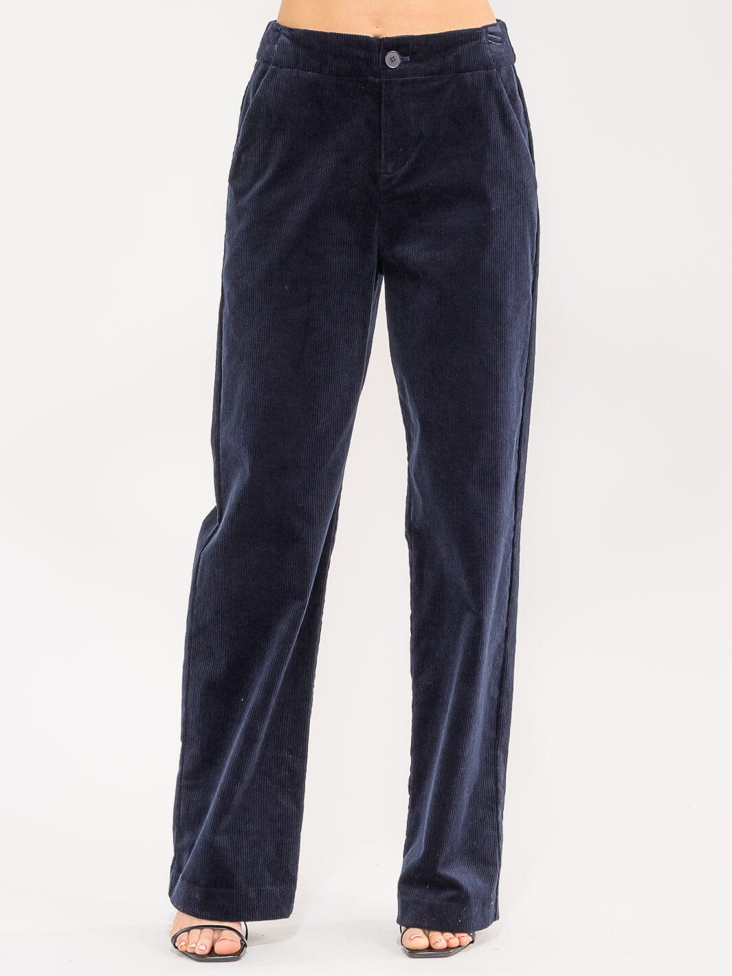 WOMEN'S BUTTON CLOSURE FRONT POCKETS WIDE LEG CORDUROY PANTS