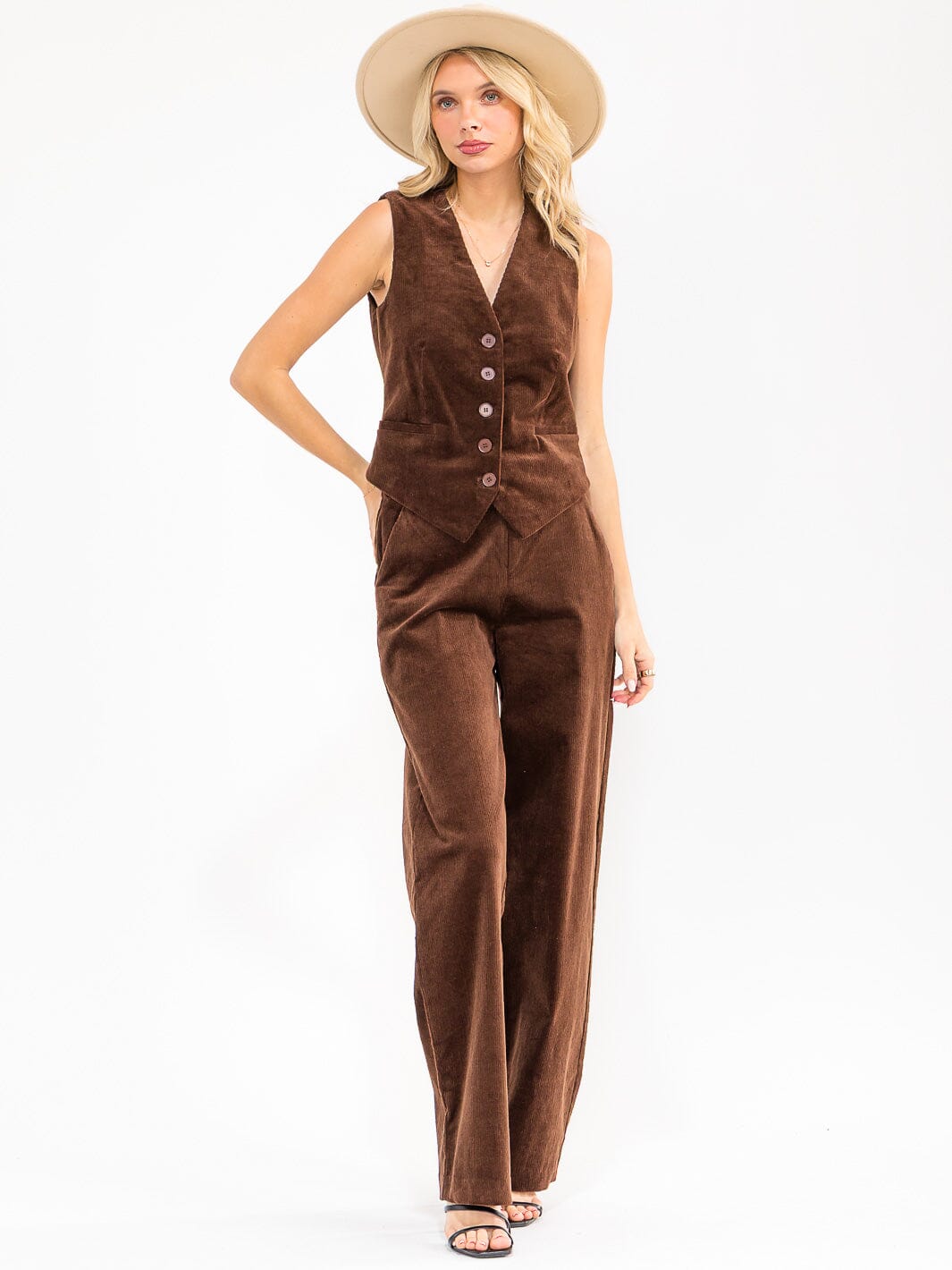 WOMEN'S SLEEVELESS BUTTON UP V-NECK CORDUROY VEST