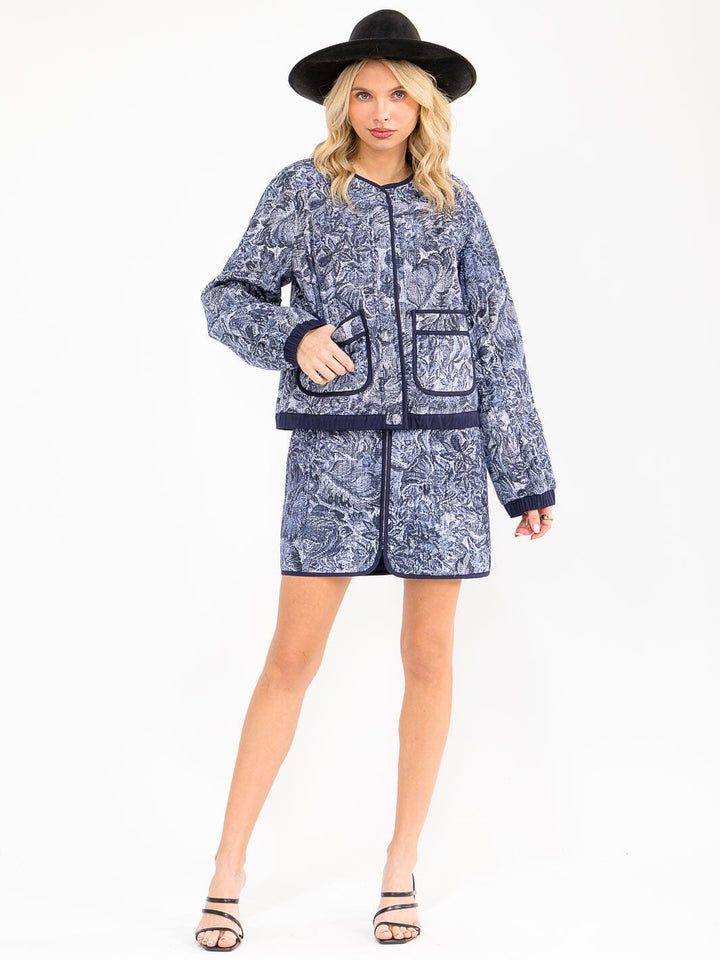 WOMEN'S LONG SLEEVE JACKET & ZIP UP MINI SKIRT MULTI PRINT PADDED 2PC. SET