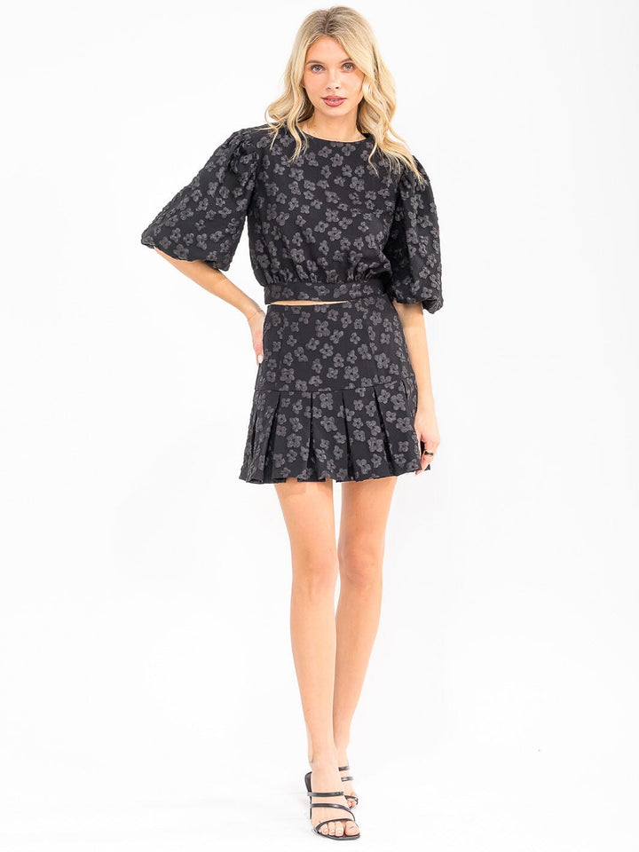 WOMEN'S SHORT PUFF SLEEVE TOP & ZIP UP FLARE MINI SKIRT FLORAL DETAILED 2PC. SET