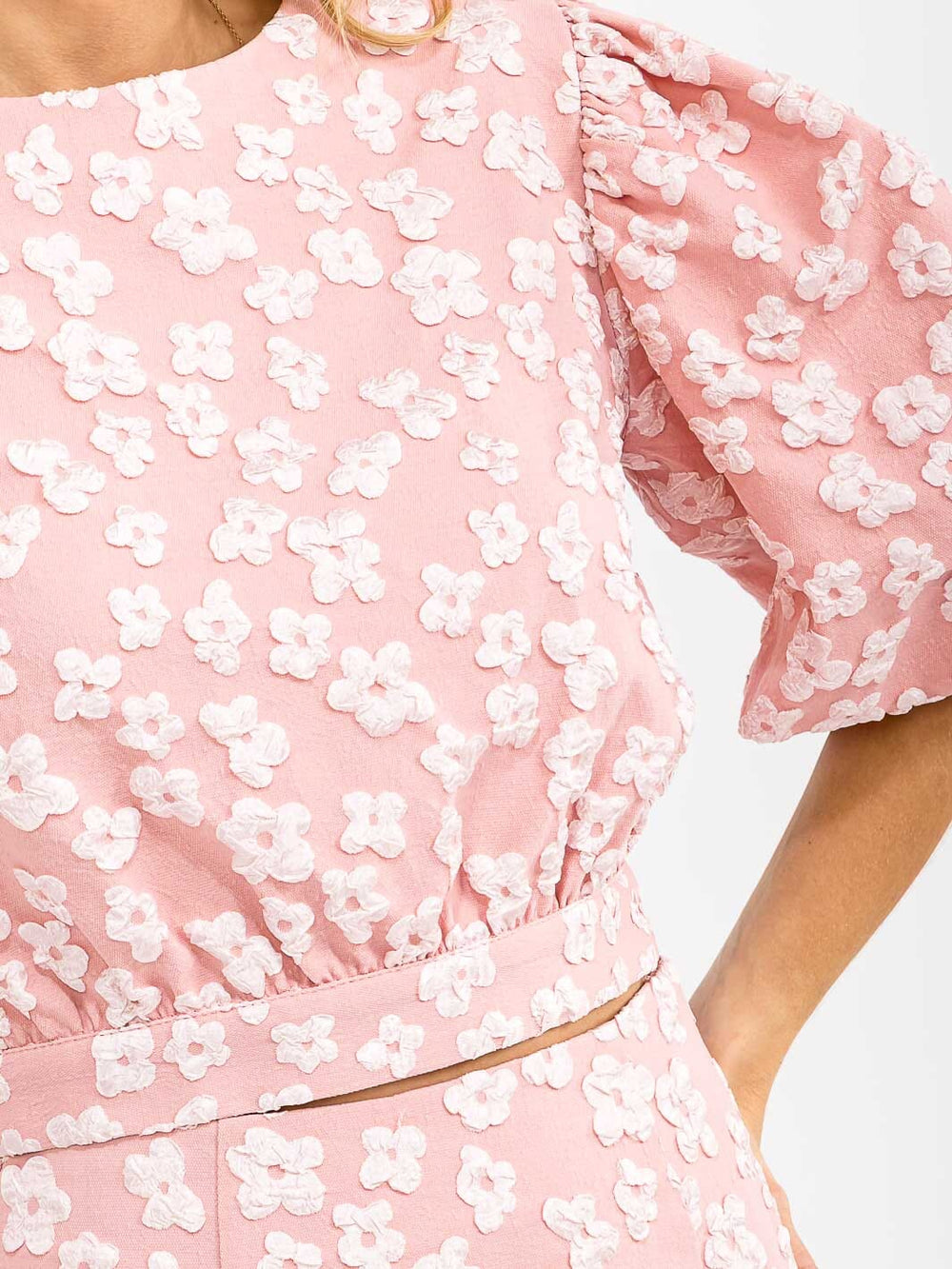 WOMEN'S SHORT PUFF SLEEVE TOP & ZIP UP FLARE MINI SKIRT FLORAL DETAILED 2PC. SET