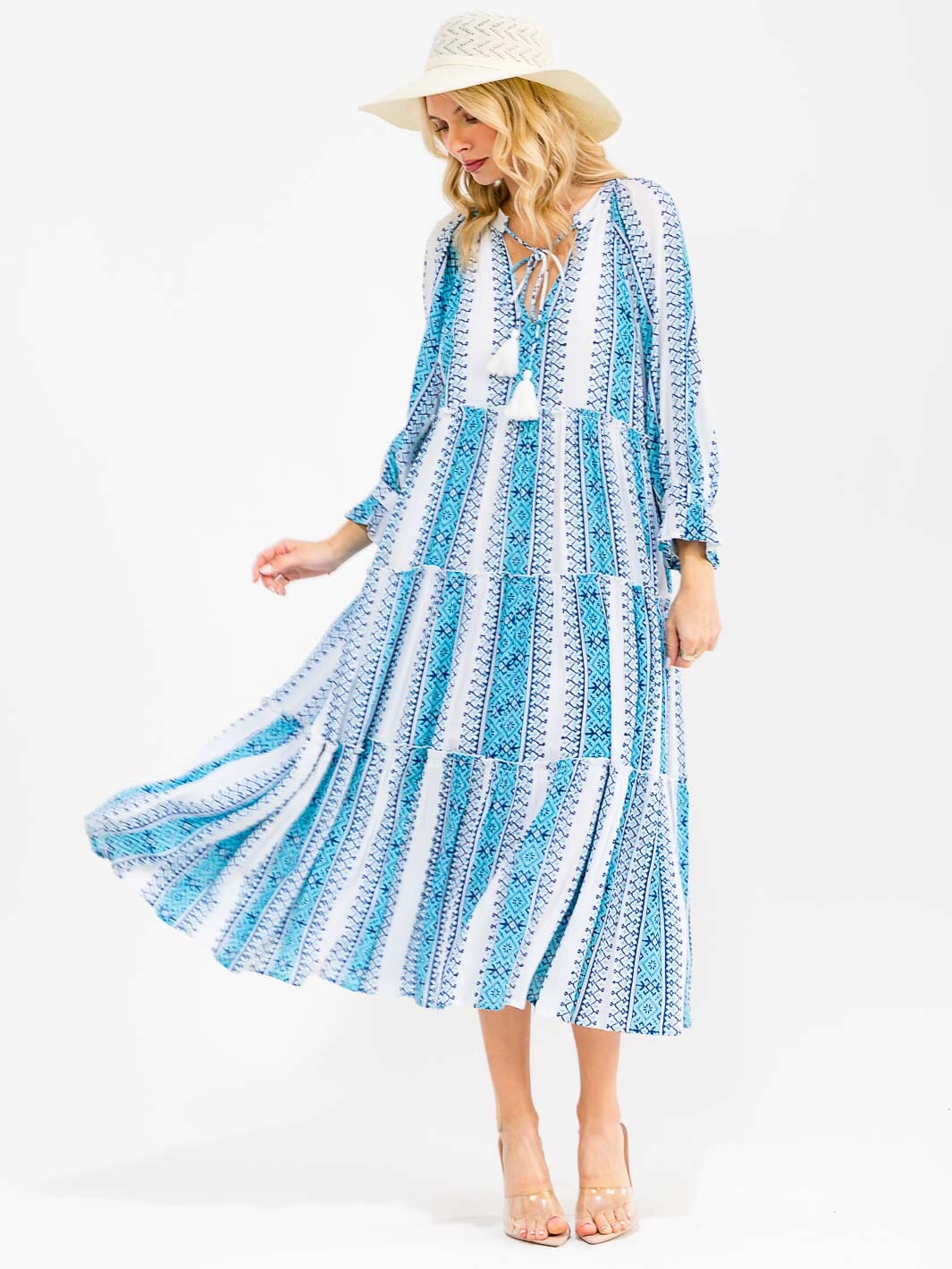 WOMEN'S 3/4 SLEEVES V-NECK TIERED MULTI PRINT MAXI DRESS