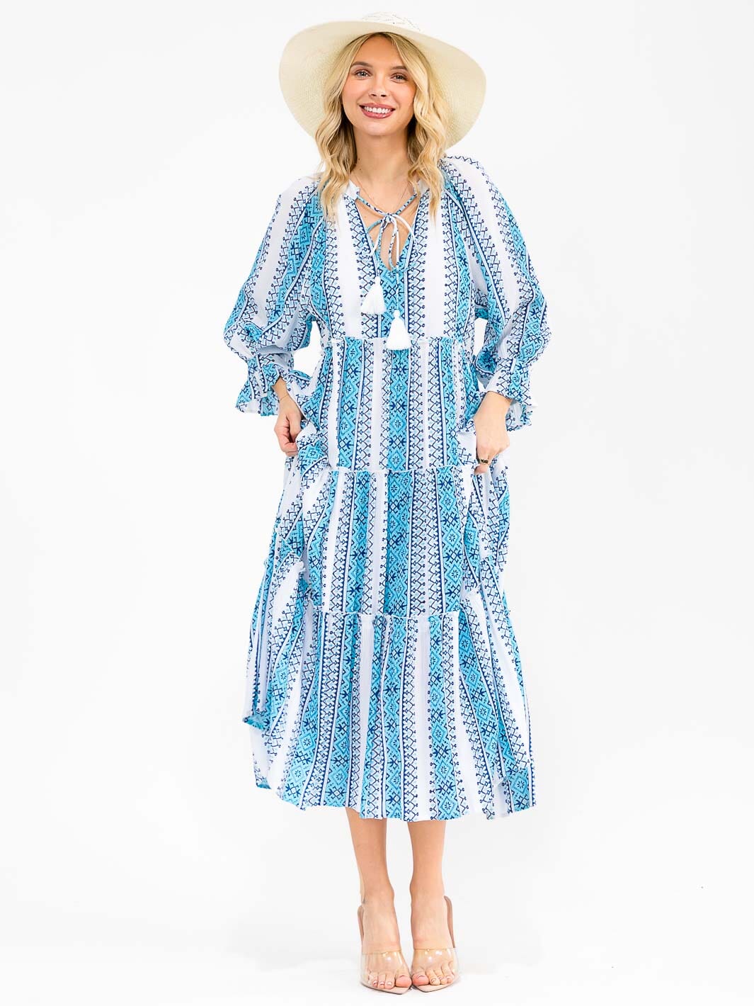 WOMEN'S 3/4 SLEEVES V-NECK TIERED MULTI PRINT MAXI DRESS