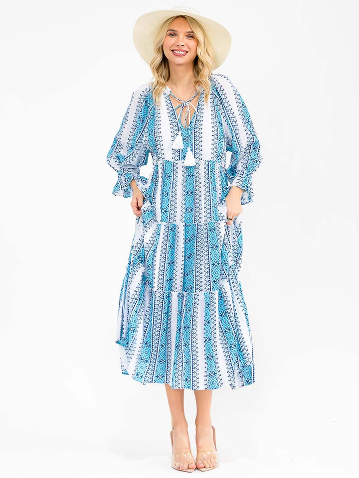 WOMEN'S 3/4 SLEEVES V-NECK TIERED MULTI PRINT MAXI DRESS