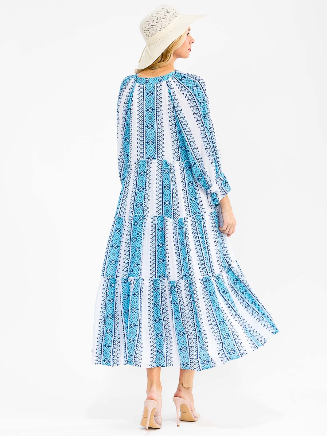 WOMEN'S 3/4 SLEEVES V-NECK TIERED MULTI PRINT MAXI DRESS