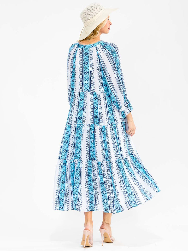 WOMEN'S 3/4 SLEEVES V-NECK TIERED MULTI PRINT MAXI DRESS