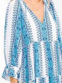 WOMEN'S 3/4 SLEEVES V-NECK TIERED MULTI PRINT MAXI DRESS