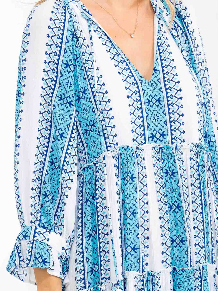 WOMEN'S 3/4 SLEEVES V-NECK TIERED MULTI PRINT MAXI DRESS