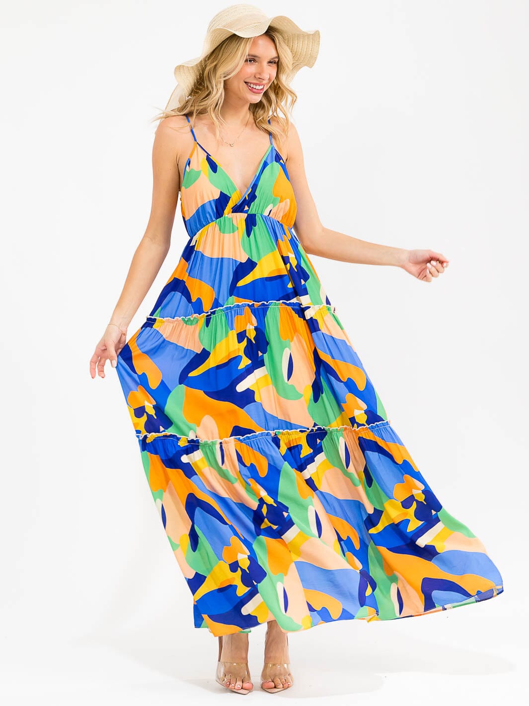 WOMEN'S SLEEVELESS V-NECK ELASTIC WAIST MULTI PRINT TIERED MAXI DRESS