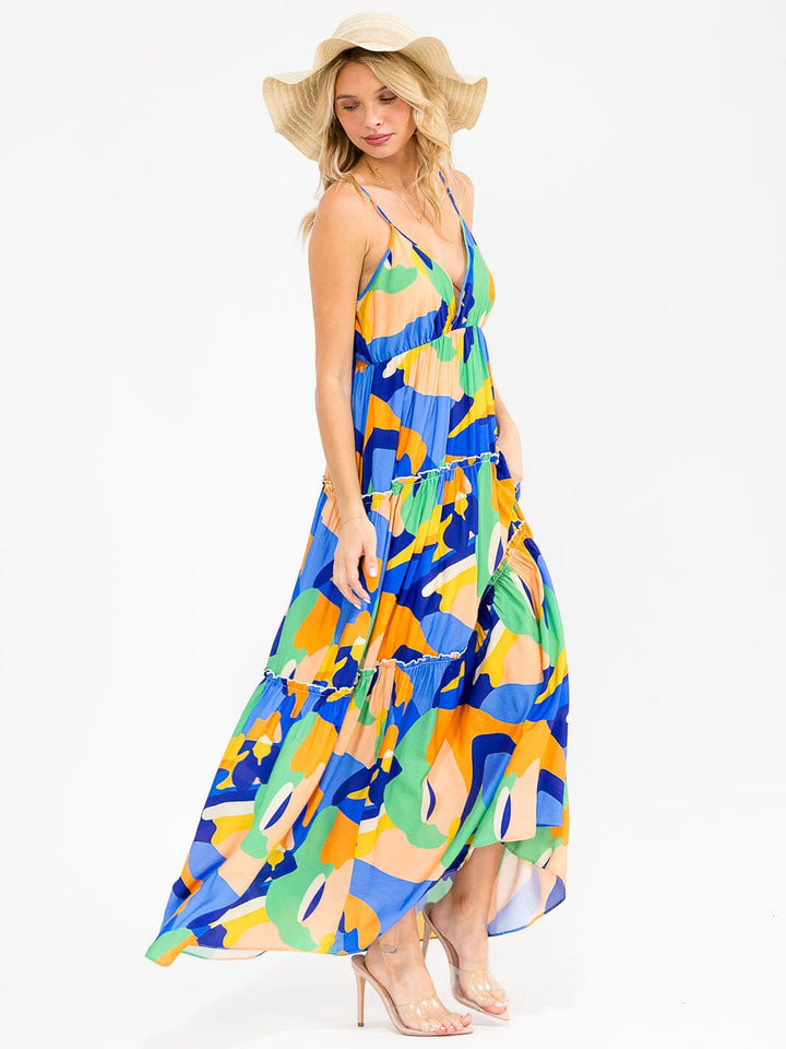 WOMEN'S SLEEVELESS V-NECK ELASTIC WAIST MULTI PRINT TIERED MAXI DRESS