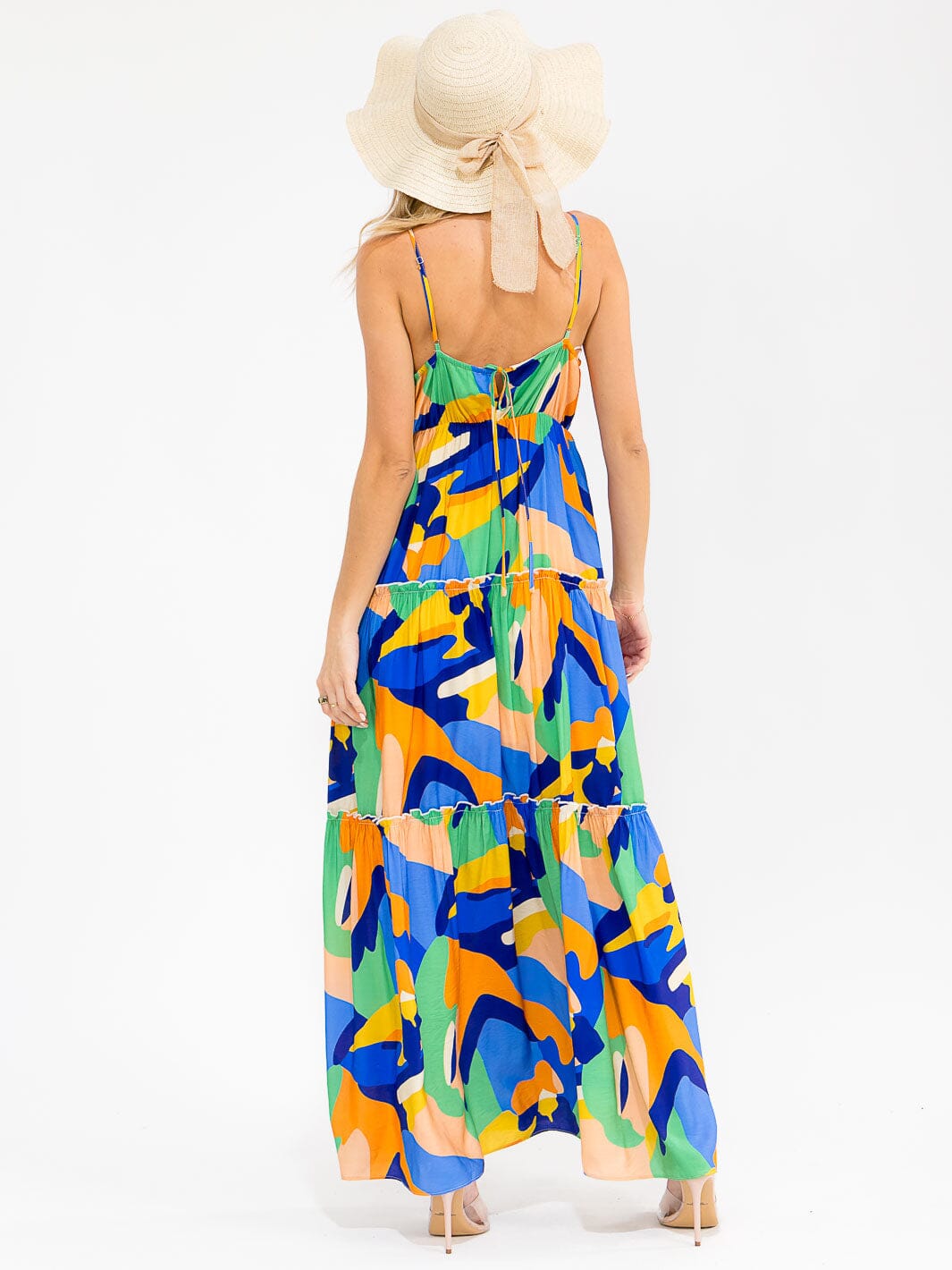 WOMEN'S SLEEVELESS V-NECK ELASTIC WAIST MULTI PRINT TIERED MAXI DRESS