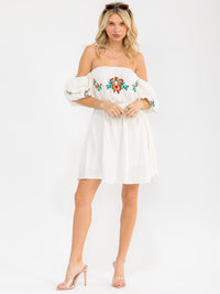 WOMEN'S OFF SHOULDER ELASTI WAIST EMBROIDERY FLORAL MINI DRESS