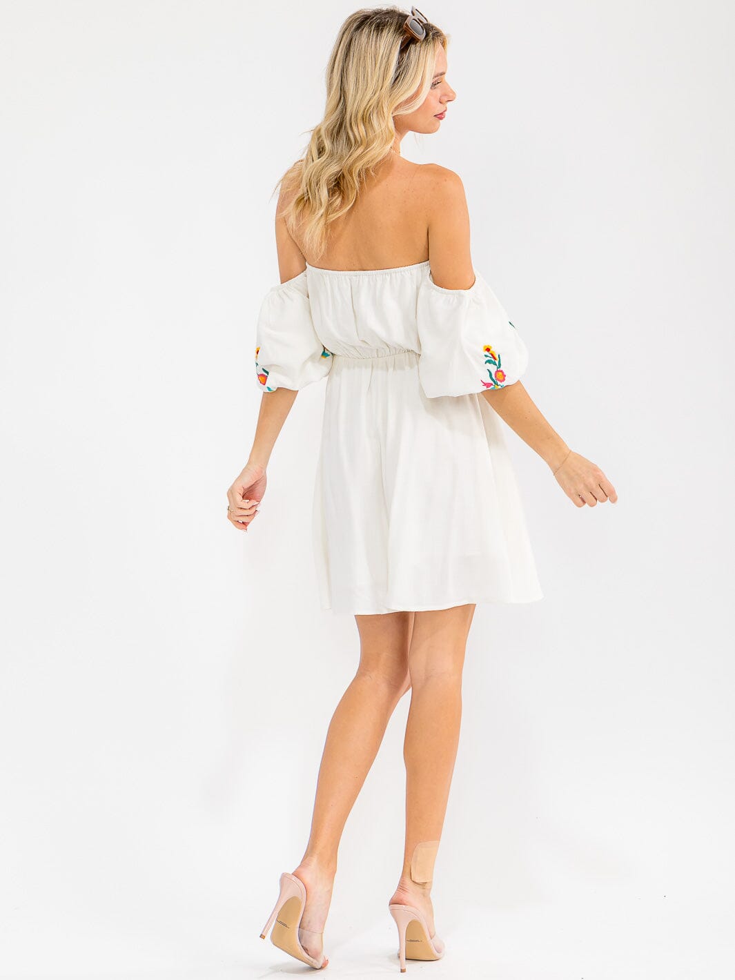 WOMEN'S OFF SHOULDER ELASTI WAIST EMBROIDERY FLORAL MINI DRESS