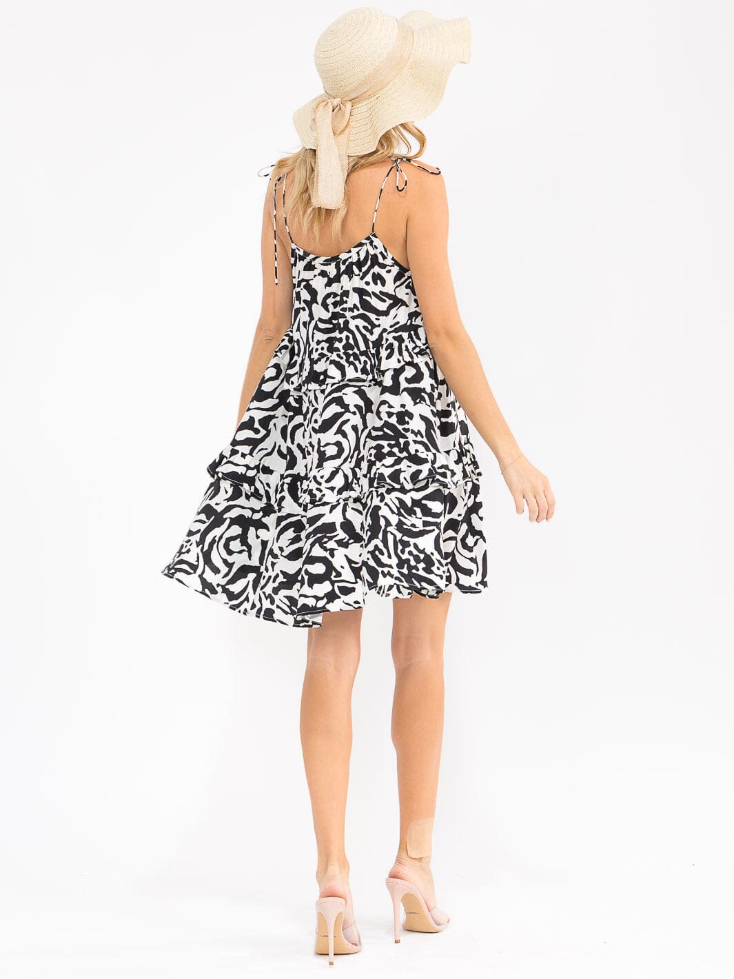 WOMEN'S SLEEVELESS LOOSE FIT MULTI PRINT TIERED MINI DRESS