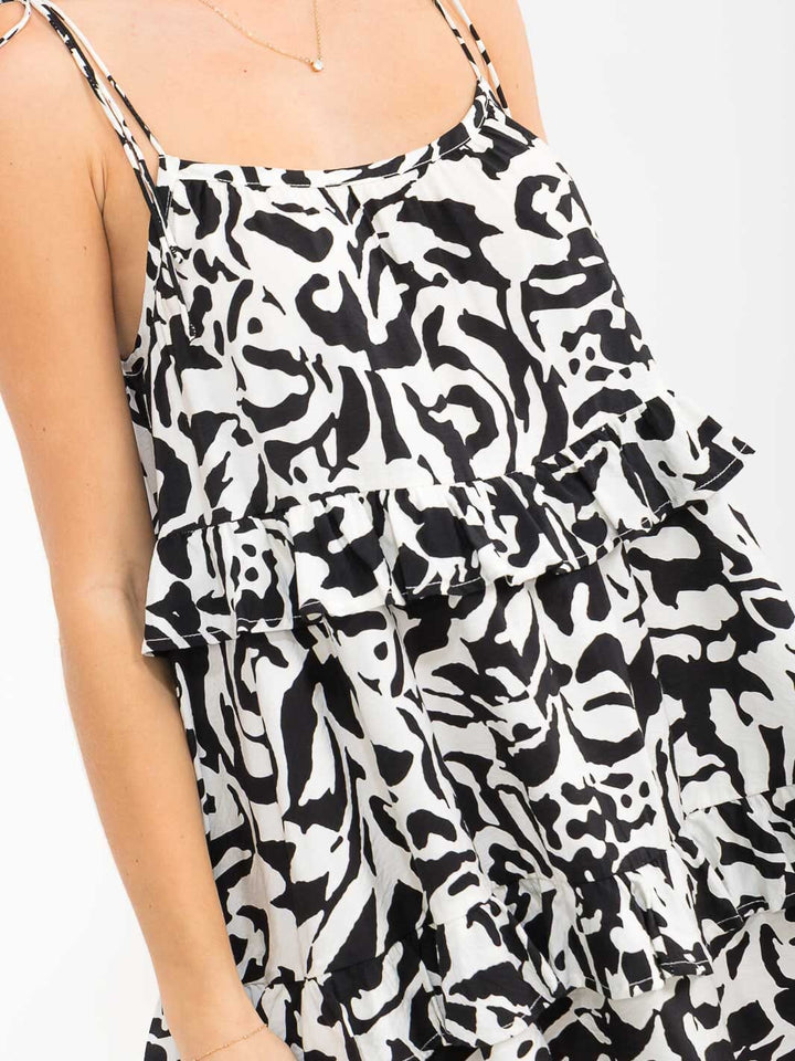 WOMEN'S SLEEVELESS LOOSE FIT MULTI PRINT TIERED MINI DRESS