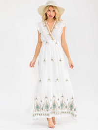 WOMEN'S SHORT RUFFLE SLEEVES SURPLICE ELASTIC WAIST EMBROIDERY MAXI DRESS