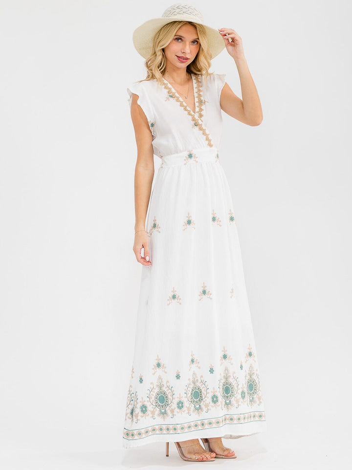 WOMEN'S SHORT RUFFLE SLEEVES SURPLICE ELASTIC WAIST EMBROIDERY MAXI DRESS