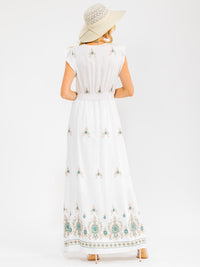WOMEN'S SHORT RUFFLE SLEEVES SURPLICE ELASTIC WAIST EMBROIDERY MAXI DRESS