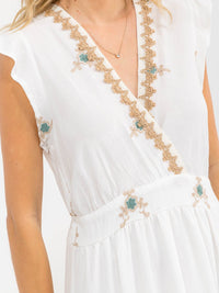WOMEN'S SHORT RUFFLE SLEEVES SURPLICE ELASTIC WAIST EMBROIDERY MAXI DRESS