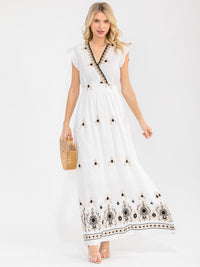 WOMEN'S SHORT RUFFLE SLEEVES SURPLICE ELASTIC WAIST EMBROIDERY MAXI DRESS