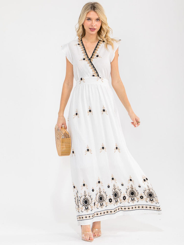 WOMEN'S SHORT RUFFLE SLEEVES SURPLICE ELASTIC WAIST EMBROIDERY MAXI DRESS